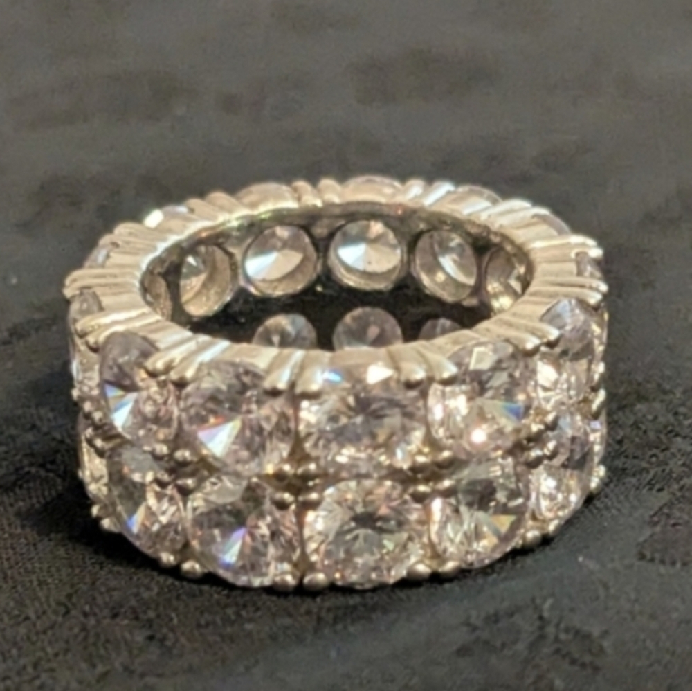 Trendy 925 Solid Sterling Silver Ring Brilliant Double Row CZ Tennis Ring Size 6